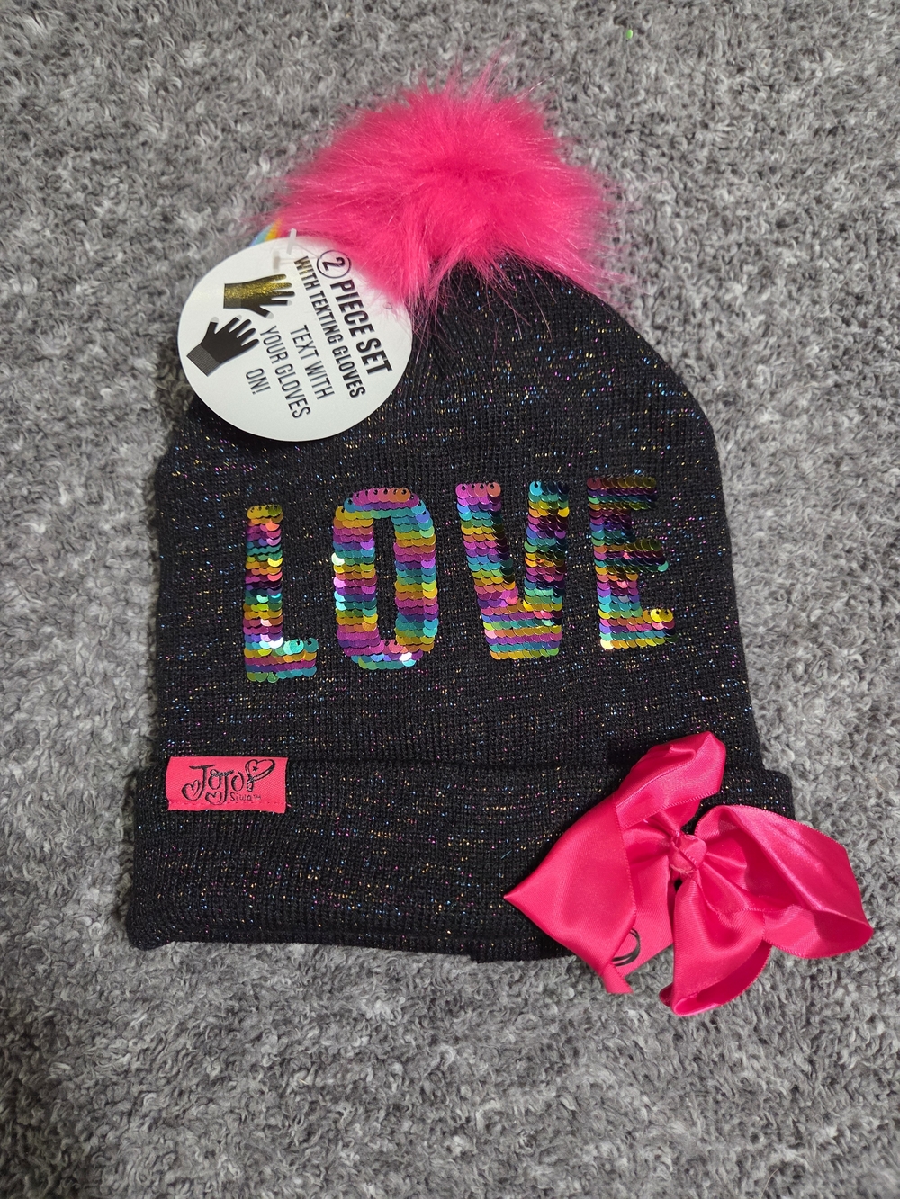 JoJo Siwa Black Knit Beanie with Hot Pink Pom Matching Gloves